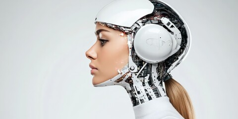 Poster - This side profile view of a humanoid robot showcases advanced artificial intelligence, symbolizing the blending of human-like features with modern robotics technology.