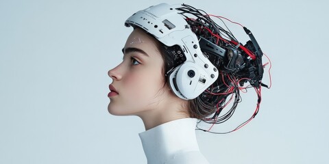 Poster - A woman depicted in profile view wearing a complex robotic headgear, combining elements of advanced technology and human features with detailed wiring and components.