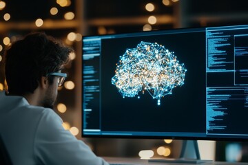 Poster - A young man's side profile is illuminated by the glow from displays with neural network depictions, representing complex thought processes and digital interaction.