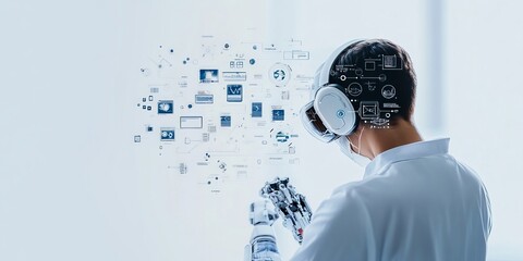 Poster - A scientist equipped with advanced robotic technology works in a lab, using AI interfaces and virtual screens to innovate and conduct cutting-edge research.
