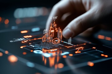 Poster - A hand reaches toward a futuristic digital holographic display featuring complex data visuals and interactive elements, representing technological advancement and innovation.