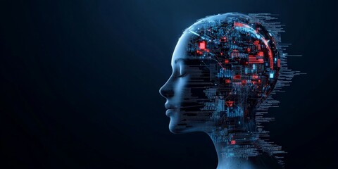 Poster - A side-profile of a female AI composed of glowing digital code, suggesting artificial intelligence and its enigmatic presence in modern technology landscapes.