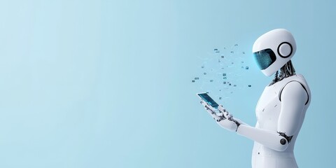 Poster - A humanoid robot with a futuristic design is engaging with a tablet, showing data symbols and flowing information, representing AI and human-tech integration.