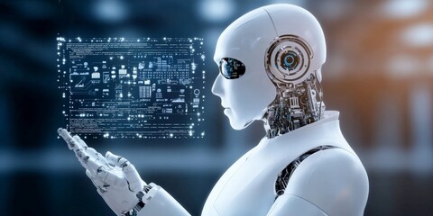 Poster - An advanced robot is engaging with a transparent screen showing high-tech digital data visualization, symbolizing future technology and innovation in AI interfaces.