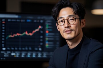 Poster - A tech analyst in glasses smiles confidently beside a screen showing upward stock trends and graphs, highlighting expertise, financial success, and market insights.