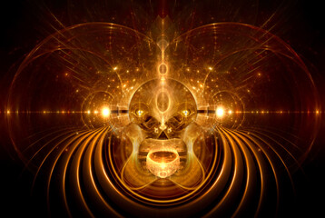 Golden fractal patterns form a mystical digital face 3