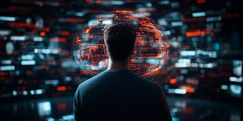 Poster - An individual is observing a spherical hologram filled with vibrant data lights, illustrating the immersion and connectivity of the digital world.