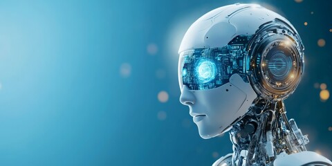 Poster - A futuristic robot gazing forward, showcasing intricate illuminated AI circuitry within its head, representing advanced robotics and intelligent vision.