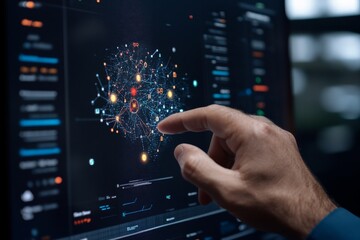 Poster - A hand reaches out toward an illuminated network visualization, representing human interaction with complex digital data systems and interconnected information networks.