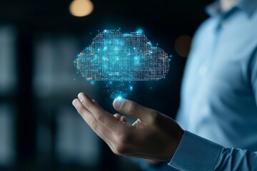 Poster - A person holds a glowing blue digital cloud, indicating the abstract notions of cloud computing, data management, and the integration of technology in daily life.