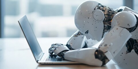 Poster - A humanoid robot appears drained as it leans forward over a laptop, symbolizing the challenges of AI and technology dependence in the modern digital era.