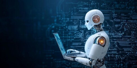 Poster - A robotic figure operates a laptop against a backdrop of digital technology, representing the ongoing evolution in artificial intelligence and computing.