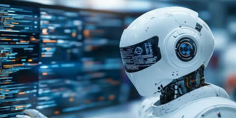 Poster - A high-tech robot focused on a digital interface filled with complex data and codes, representing advanced technology and artificial intelligence applications.