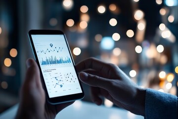 Poster - A hand holding a smartphone displaying data charts and graphs, symbolizing business analytics and data-driven decision-making in the digital era.