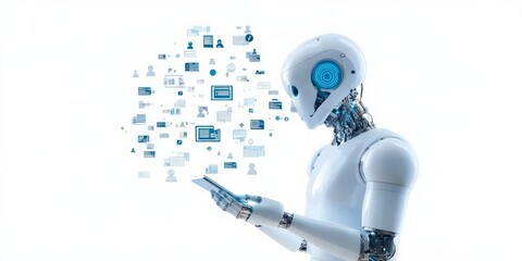 Poster - A futuristic robot examines digital data on a sleek mobile device, highlighting advancements in robotics and mobile technology in contemporary digital communication.