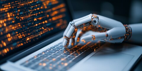 A robotic hand is seen typing on a laptop keyboard with digital code glowing, symbolizing automation and advanced technology in today's digital world.