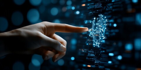 Poster - A human finger interacts with a glowing digital circuit interface, representing technology and human connection in a futuristic setting.