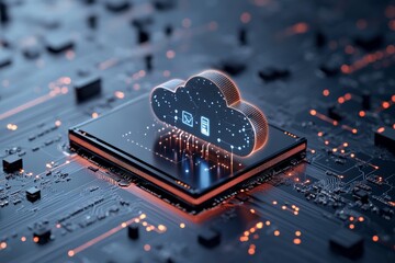 Poster - An abstract representation of cloud computing technology, featuring a 3D cloud icon emerging from a digital microchip, highlighting advanced data processing and storage.