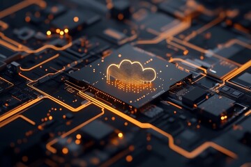 Poster - A digital cloud icon emerges on a glowing microchip platform, embodying the convergence of cutting-edge cloud computing and modern technological infrastructure.