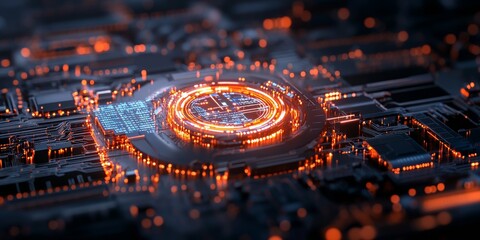 Poster - A circular glowing element with intricate circuits symbolizes technological advancement and innovation, highlighting a futuristic and digital art style.