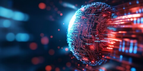 Poster - A glowing digital sphere with intricate circuit patterns, emanating vibrant lights in space, representing advanced technology and futuristic design.