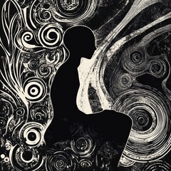 Aufkleber - A solitary figure sits in contemplation within a vibrant, abstract swirl of lines and patterns, evoking introspection and calm. Generative AI