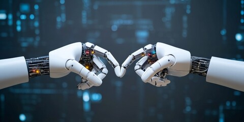 Poster - This image presents two robotic hands extending towards each other in a dark backdrop, embodying themes of connection, technology, and futuristic design.
