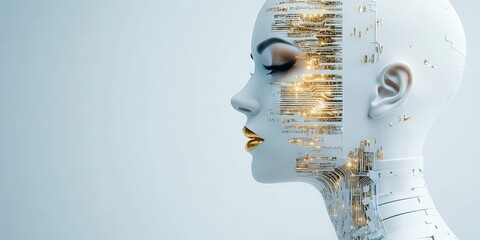 Poster - A futuristic close-up artwork of a robotic face with integrated golden circuits, symbolizing advanced technology and futuristic innovation in AI design.