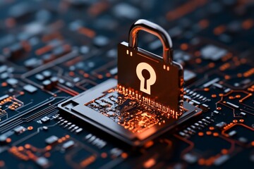 Poster - A glowing computer chip with an integrated lock, illustrating a blend of technology and security, showcasing the essential nature of encryption in digital devices.