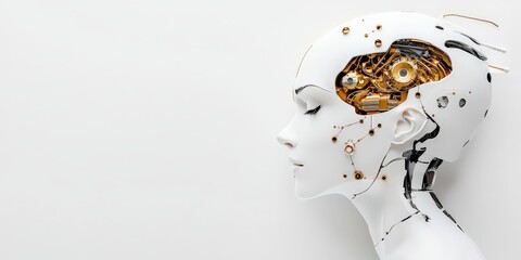 Poster - A profile view of a humanoid robot with intricate golden mechanical components visible inside, representing advanced technology and artificial intelligence design.