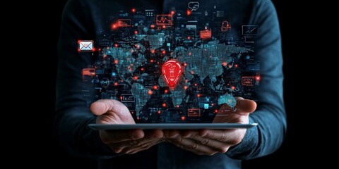 Poster - A digital world map with glowing data symbols overlayed on a screen, representing global connectivity, information sharing, and digital advancement.