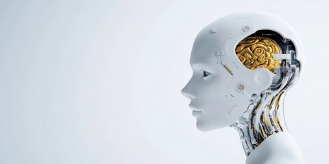 Poster - A modern robotic head profile, featuring a minimalist design with a gold-themed circuit interior, symbolizing intelligence and futuristic tech advancements.