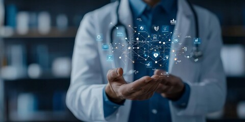 Poster - A professional in a white coat holds a digital network diagram with healthcare icons, representing the integration of technology in the healthcare industry.
