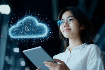 Poster - A young woman in glasses holds a tablet while observing a glowing cloud hologram, symbolizing digital technology and modern cloud computing solutions.