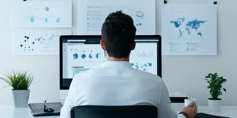 Poster - A professional examines multiple graphs and charts on a large computer screen in a minimalist office, hinting at data analysis and decision-making processes.