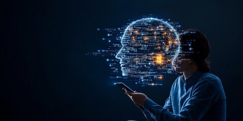 Poster - An abstract digital face silhouette integrated with data lines and connections, symbolizing technology and artificial intelligence interaction themes.