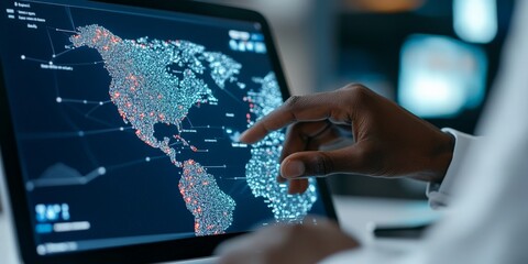 Poster - An interactive digital display of a global map with touch controls, representing modern technology, geographic information systems, and data interaction.