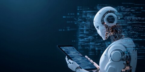 Poster - A robotic humanoid interacts with a digital tablet, symbolizing the intersection of advanced artificial intelligence, robotics, technology, and futuristic innovation.