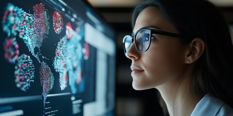 Poster - A woman in glasses closely examines a digital world map on a large screen, indicative of analysis related to global trends, data visualization, or research.