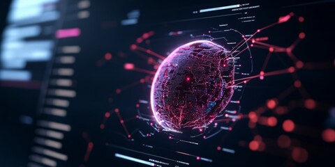 Poster - A digital representation of a globe with intricate red and white systems and network connections, symbolizing global communication and technology.