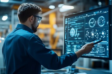 Poster - A professional interacts with a large, sophisticated digital display in a high-tech environment, highlighting modern industrial technology and innovative design.