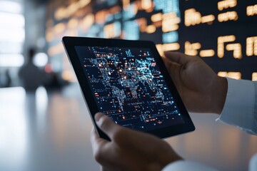 Poster - Close-up image of a person holding a tablet, which displays intricate digital network graphics, emphasizing connectivity, simulation and modern technology.