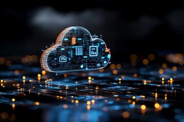 Poster - A stylized digital cloud interface featuring glowing data elements on a dark background, symbolizing futuristic cloud-based technology and advanced connectivity.