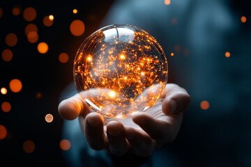 Poster - A hand gently holds an illuminated sphere symbolizing a network, with glowing points and lines depicting connectivity and modern digital communication.