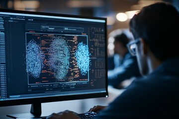 Poster - A person inspects intricate neural network visualizations on a monitor, highlighting critical analysis within a data-driven environment filled with innovation.