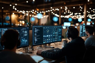 Poster - Several developers are working on computer screens in a modern, well-lit office, highlighting collaboration, concentration, and the pursuit of technological advancement.