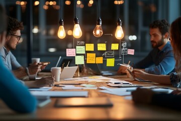 Poster - A creative team engages in a brainstorming session around a table, sharing ideas noted on sticky notes under soft ambient lighting, fostering collaboration and innovation.