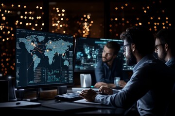 Poster - A team of professionals analyzes global data visualizations on large monitors in a dark room. Analyzing and processing geospatial information is the focus.