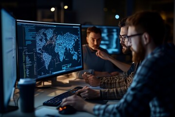 Poster - A professional tech team collaborates while examining global data and visualizations on monitors. The setting is tech-savvy with focused energy and innovative goals.