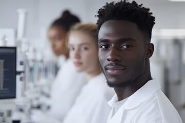 Poster - A young scientist confidently looks at the camera, dressed in a lab coat, set in a laboratory with team members in the background, portraying expertise and teamwork.